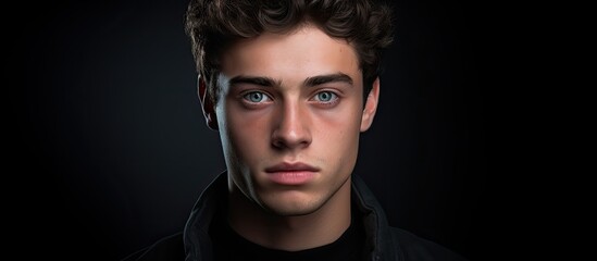 Wall Mural - Close up portrait of a young man against a black background with copy space image