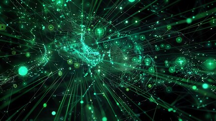 Glowing green particles form a digital landscape with a sense of depth and perspective.