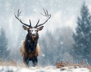 Sticker - Majestic Elk Standing Tall in Snowy Landscape Regal Antlers Commanding Attention