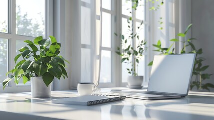 Wall Mural - A high-resolution image of a modern office workspace with a sleek laptop, a stylish cup of coffee, a potted plant, and a notebook with a pen