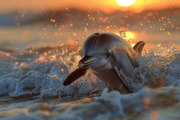 Wall Mural - Baby Dolphin: A sleek baby dolphin, leaping out of the sparkling ocean waves, with the sun setting in the background.