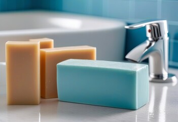 A soap bar on a blue bathroom countertop with a blank label and copy space