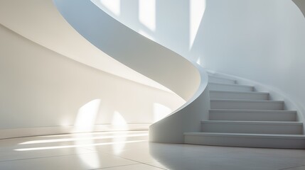 Poster - winding staircase bathed in soft natural light, casting long shadows against a clean white backdrop.