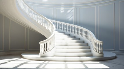 Wall Mural - winding staircase bathed in soft natural light, casting long shadows against a clean white backdrop.