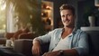 © venusvi - young handsome businessman dressed in a casual shirt, relaxing at home with his family.