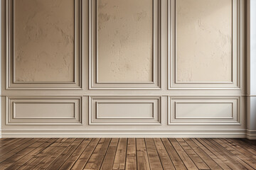 Wall Mural - Beige colored wall with wooden floor. Photography backdrop.