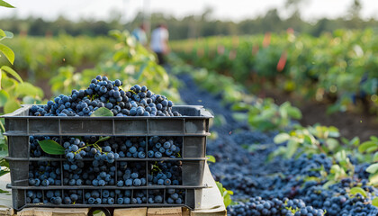 Wall Mural - Crate full of freshly picked blueberries standing at farm field, farmers picking berries on background