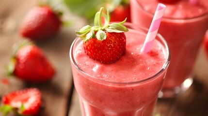 Wall Mural - Refreshing Strawberry Smoothie in a Glass with Pink Straw and Fresh Berries
