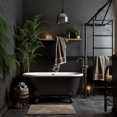 Wall Mural - Interior of the black bathroom with potted plants with a large window, in loft style with black bathtub and retro lamps, in modern flat. 