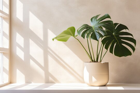 Monstera's house plant in a pot against a white wall with rays of light and shadow from the window, minimalism. Copy space