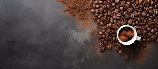 Wall Mural - Top down view of coffee beans and ground powder on a stone backdrop with space for your text in the image. Copy space image. Place for adding text and design