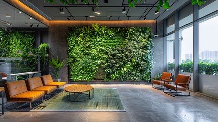 A modern, eco-friendly office environment promoting employee health, featuring a lush living green wall, natural light, and ergonomic furniture designed for comfort and productivity, in the style of