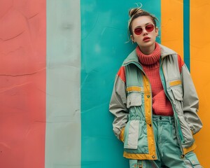 Wall Mural - Fashionable Streetwear Model Posing in Vibrant Urban Backdrop