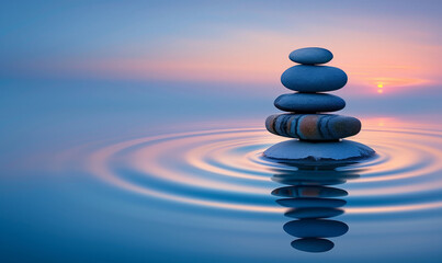 Wall Mural - A stack of stones balanced on top of each other in the center, surrounded by calm water