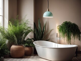 Wall Mural - Interior of the bathroom with potted plants in loft style and natural materials, in modern flat.