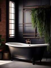 Wall Mural - Interior of the black bathroom with potted plants with a large window, in loft style with black bathtub and retro lamps, in modern flat. 