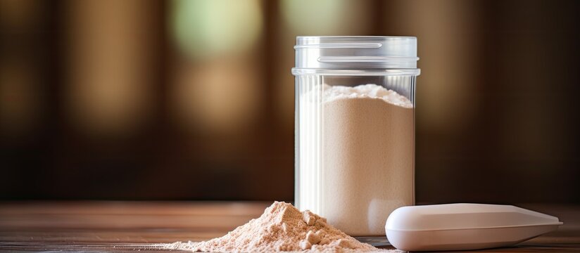 A scoop of whey protein powder placed next to vitamins in a plastic shaker on a wooden background with selective focus and shallow depth of field ideal for a copy space image