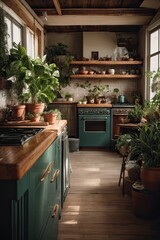 Wall Mural - The interior of the loft-style dark kitchen with lots of green potted plants with brick walls. Green house, black kitchen, shelves with open storage.