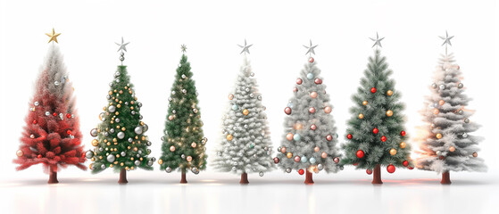 Wall Mural - 3d illustration of different decorated xmas trees with lights and stars and balls standing in a row on white background, concept of christmas trees