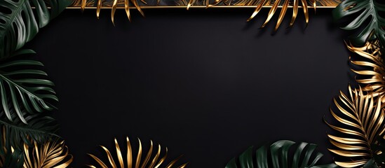 Wall Mural - tropical date palm and monstera leaves in shiny golden paint on black paper create a trendy luxury b