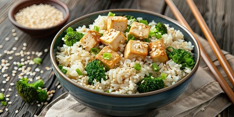 Wall Mural - Idea for a vegetarian balanced lunch , white rice and tofu with vegetables , broccoli , diet , background , wallpaper.
