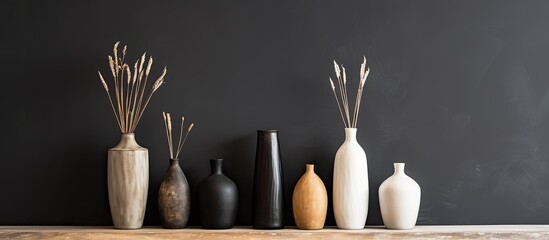 Canvas Print - Neutral colored vases with wood sticks are displayed on a distressed wooden shelf set against a rough plaster black wall in a home decor setting with ample copy space image