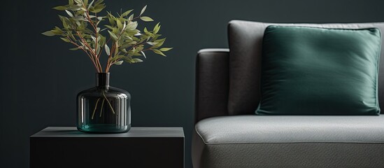 Poster - Close up of a stylish black vase and gray box on a sleek black side table beside a green sofa with copy space image