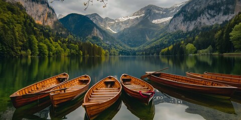 Wall Mural - Idyllic lake with boats surrounded by mountains and forest.