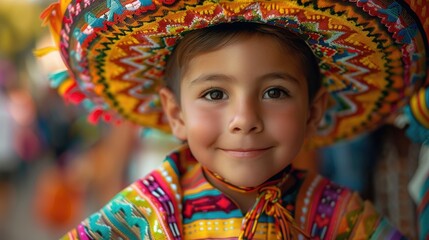 Wall Mural -  Vivid photo of a Mexican little boy in traditional attire, wearing a colorful sombrero