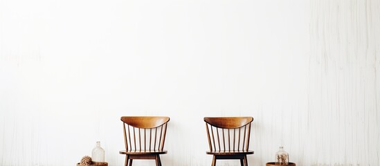 Sticker - Wooden home with vintage chairs against white wall featuring copy space image