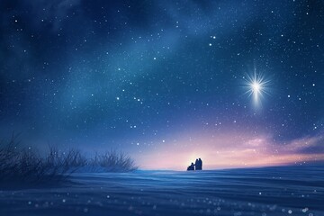 Under the starry Christmas night sky, a serene winter landscape unfolds, with snow-covered trees and a peaceful atmosphere.