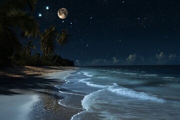 Wall Mural - Moonlit beach under starry sky, serene sea reflecting night's beauty.