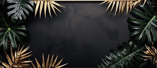 Wall Mural - tropical date palm and monstera leaves in shiny golden paint on black paper create a trendy luxury b