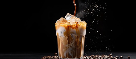 Canvas Print - Cold summer drink made by pouring milk into a glass with iced coffee against a black background creating a refreshing blend with copy space image