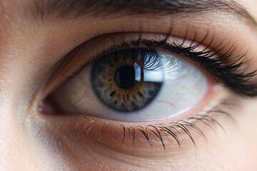 Close up of a human eye showcasing the unique patterns and colors of the iris with visible eyelashes