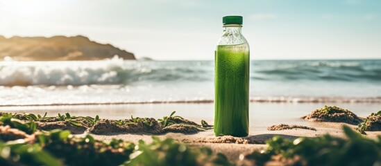 Woman on the beach holds a glass bottle of green juice embodying a healthy lifestyle trend with a focus on nutrition and detoxification The image features copy space