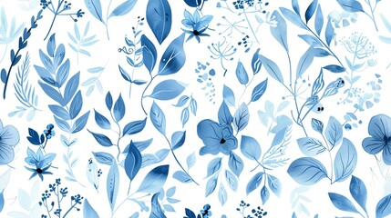 Charming seamless pattern of hand-drawn flora in soft pastel light blue, medium blue, and dark blue