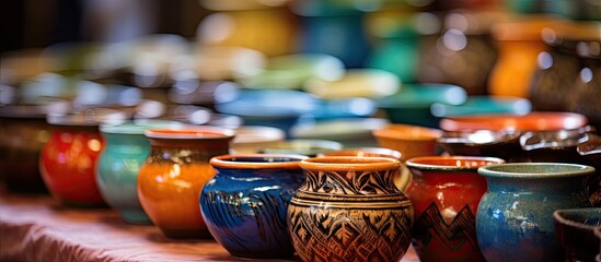 Vibrant local craft store pottery exhibited with copy space image