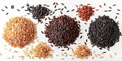 Wall Mural - Different types of rice, brown rice, black rice, white rice, assortment of rice grains, Asian, background, wallpaper.