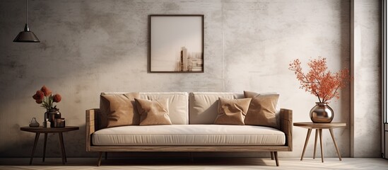 Wall Mural - Sophisticated living room decor with a cozy couch and table ideal for relaxing with copy space image