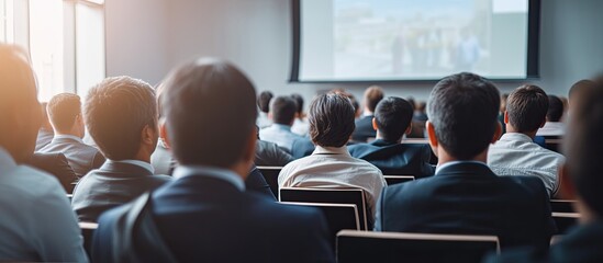 Rear view of audience in conference hall during a business meeting with a speaker giving a talk The theme is business and entrepreneurship with a white board offering copy space image