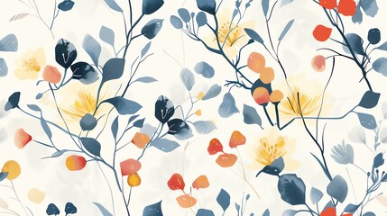 Wall Mural - Elegant hand-drawn flora in soft pastel red, blue, and yellow, seamless pattern design