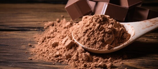 Poster - Chocolate protein bar and whey protein powder in a measuring scoop on a wooden surface with plenty of space for text or graphics copy space image