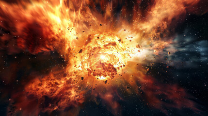 A fiery, explosive scene in space with brilliant orange and yellow colors radiating from a central explosion.