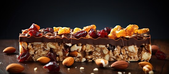 Canvas Print - Selective focus on a cereal bar with nuts and chocolate displaying copy space image