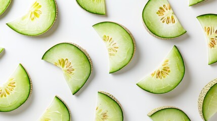 Canvas Print - Green cantaloupe slices on white background