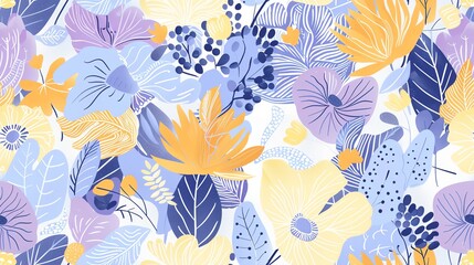 Wall Mural - Soft pastel purple, yellow, blue, and orange flora, hand-drawn seamless pattern design