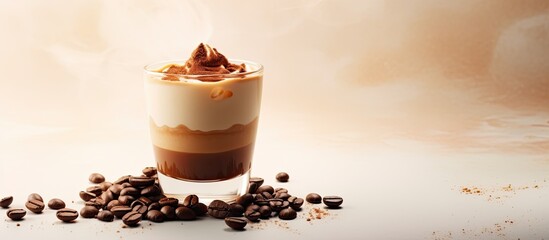 Wall Mural - Trendy Dalgona coffee Instant coffee whipped in a glass with beans and shadow on a light backdrop ideal for copy space image with its popularity in mind