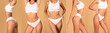 © Prostock-studio - A young woman in white underwear poses in various positions against a beige background. The photos appear to be part of a photoshoot, cropped