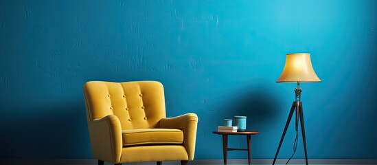 Sticker - Interior with a vibrant blue armchair overhead lamp and side table against a copy space image